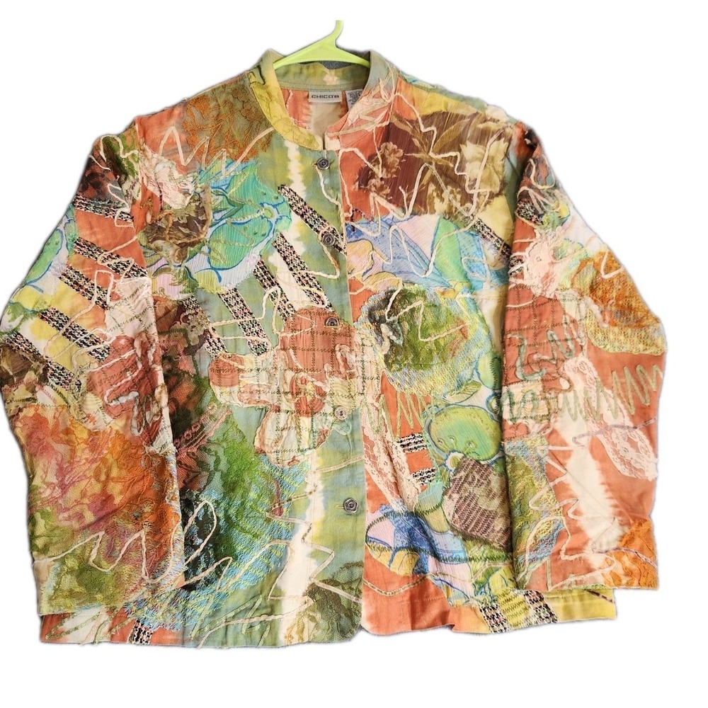 Chicos Sz 2 Large Patchwork Art To Wear Artsy Embroidered 3D Textured Jacket